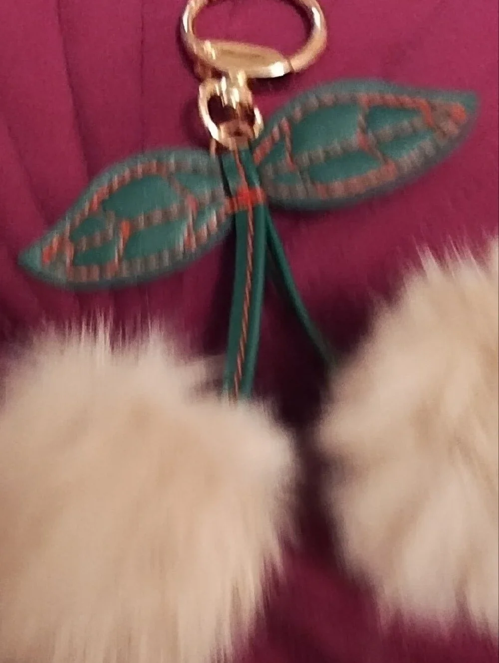 Faux Fur Cherry Pom Keychain with Green Leaf Accent